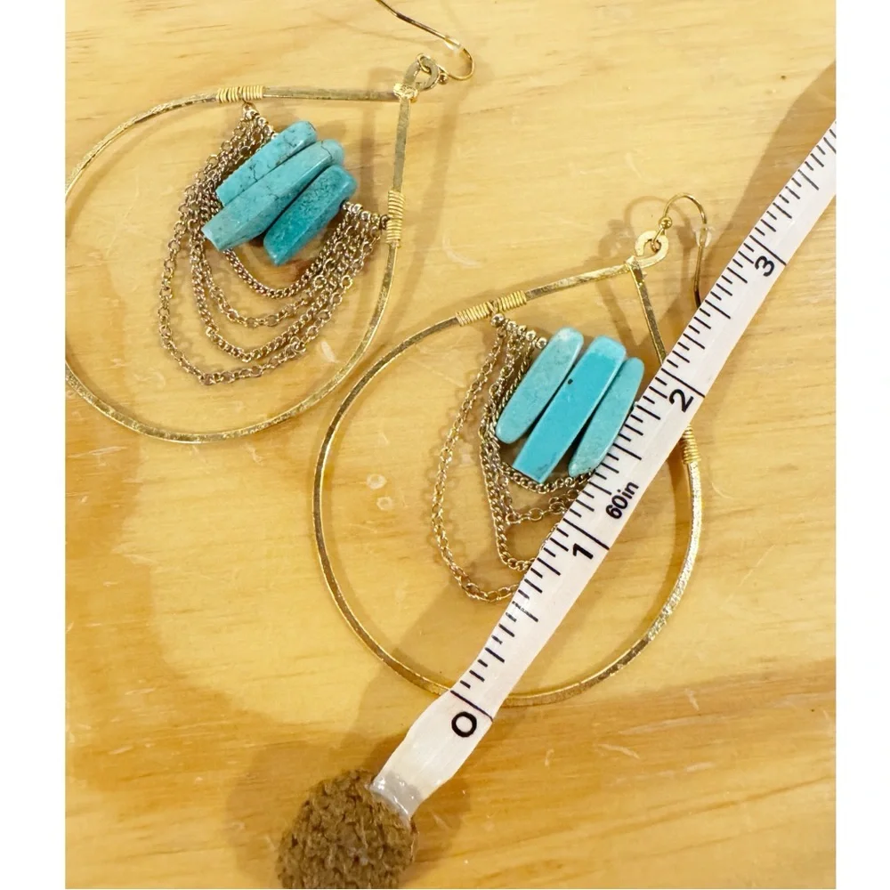 Betsy & Iya | Gold Tone Dangle Earrings w/ Turquoise Stones + Chain Details‎